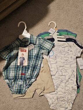 Wrangler Blue & Green Plaid Button-Up Bodysuit with Airplane Print Onesie